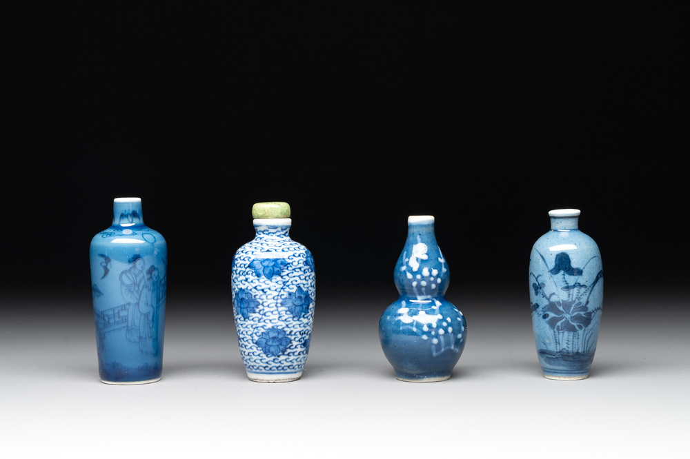 Three Chinese powder blue-ground blue and white snuff bottles and one blue and white snuff bottle, 19th C.