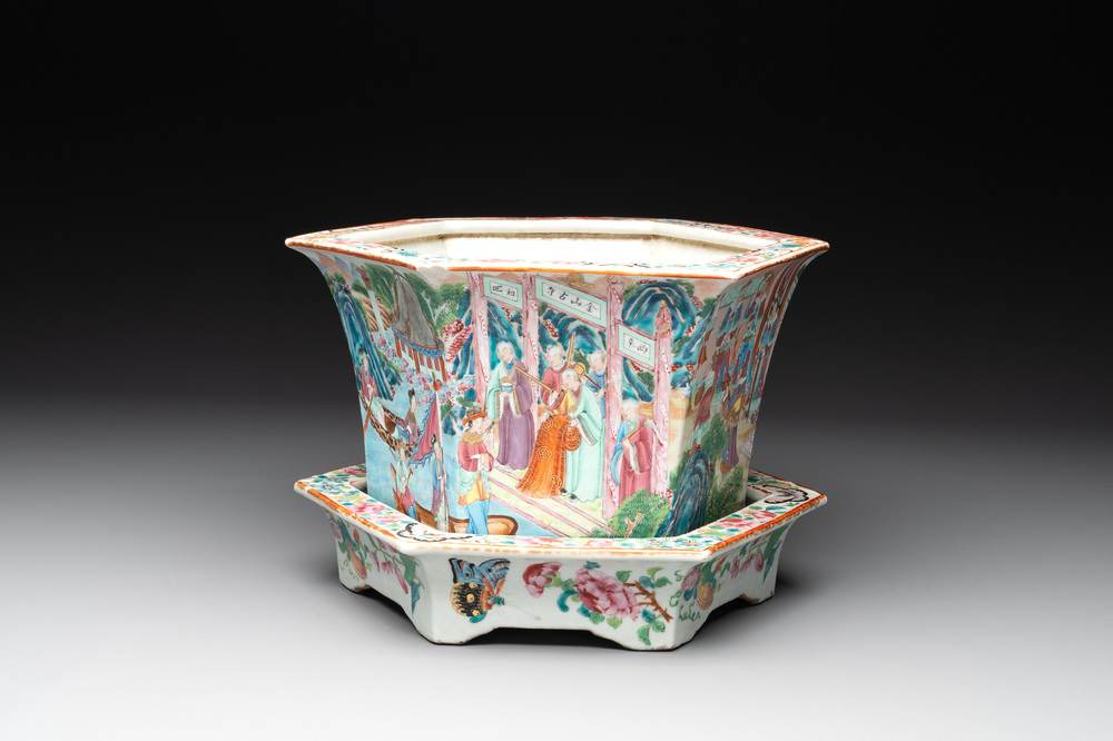 A Chinese Canton famille rose hexagonal jardini&egrave;re and stand with narrative design, 19th C.