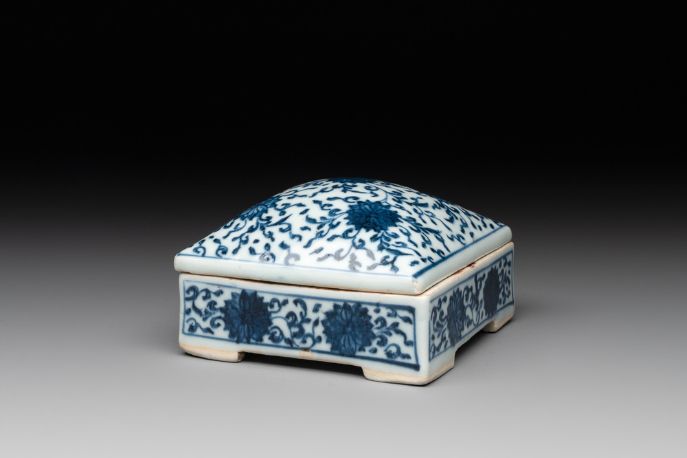 A Chinese blue and white square 'lotus scroll' box and cover, Qianlong