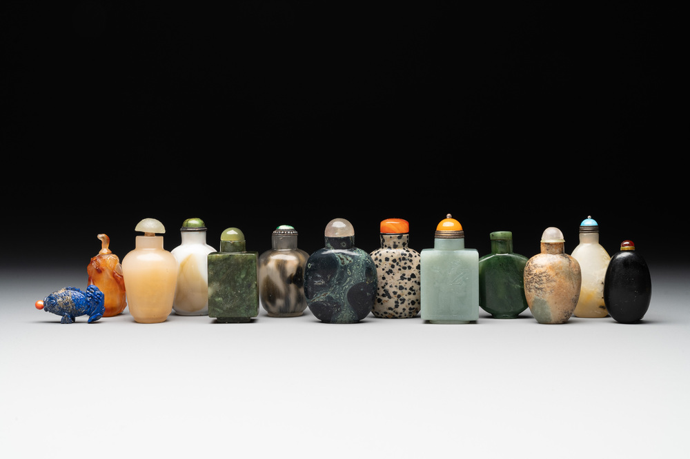 A collection of 13 Chinese precious stone snuff bottles, Guangxu mark, 19/20th C.