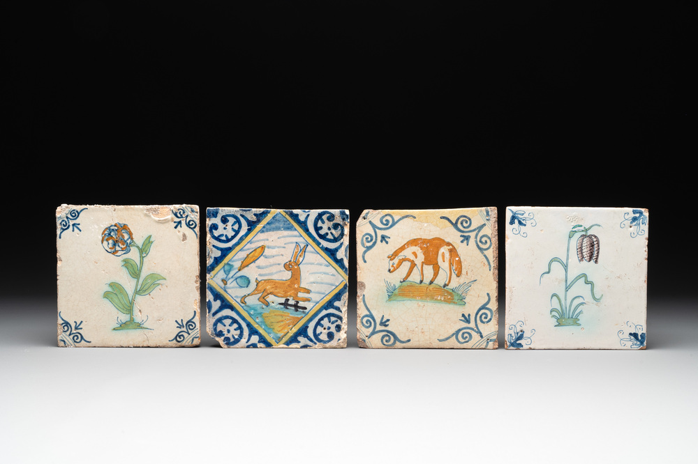 Four polychrome Dutch Delft tiles, 17th C.