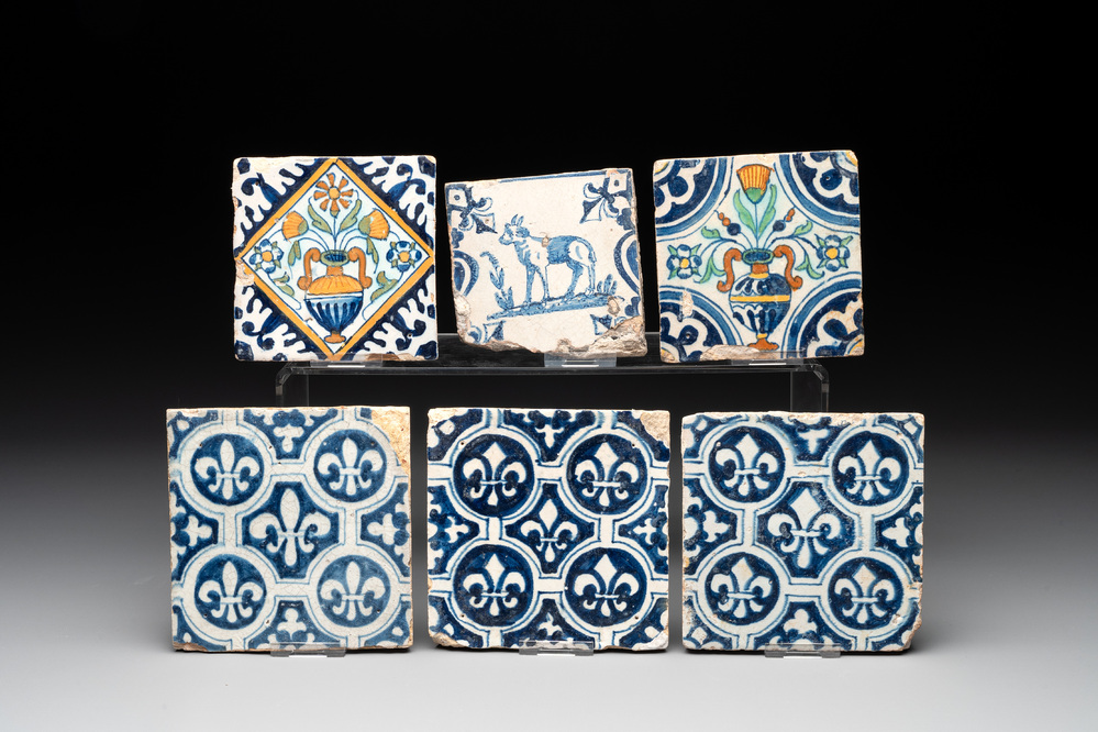 Six blue, white and polychrome Dutch Delft tiles, 17th C.