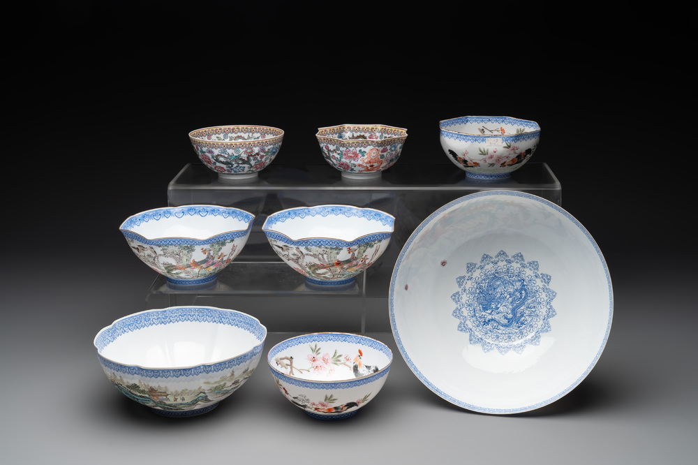 A varied collection of eight Chinese famille rose eggshell bowls, Jingdezhen mark, 20th C.
