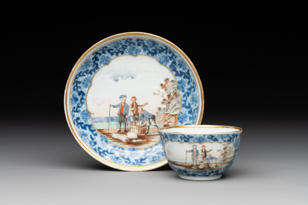 A Chinese export famille rose cup and saucer with a herring merchant, Qianlong