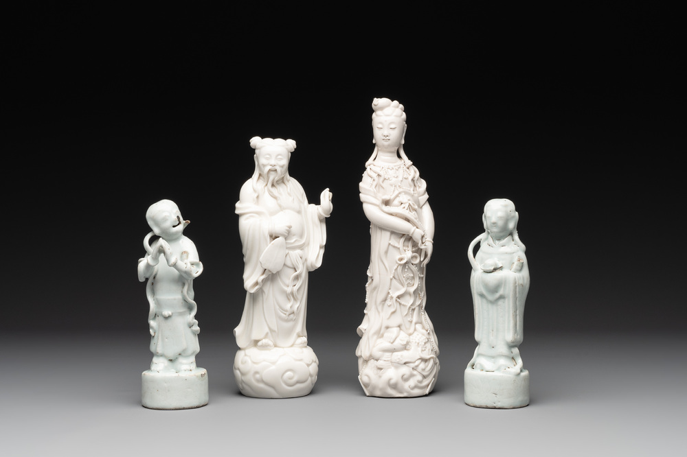A pair of Chinese white-glazed figures and two Dehua blanc de Chine figures, 18th C. and Republic