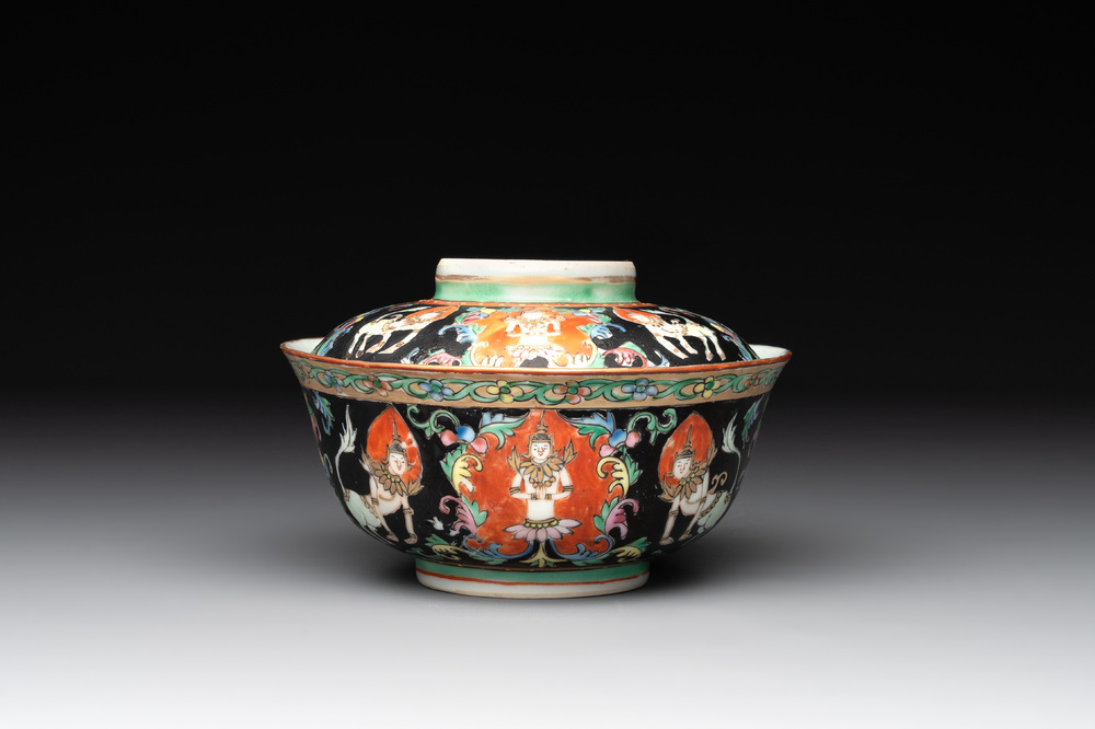 A rare Chinese black-ground Bencharong 'Thepphanom' bowl and cover for the Thai market, He Yaoji 何耀記 mark, 19th C.