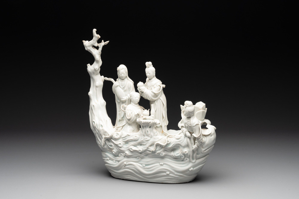 A Chinese Dehua blanc de Chine group of female immortals on a boat, Republic