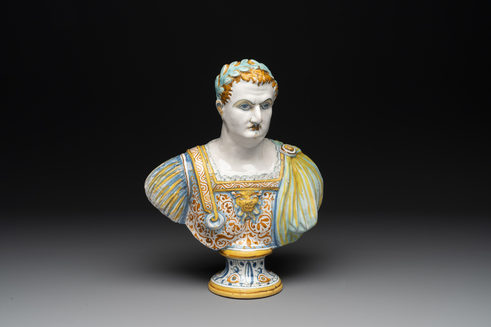 A polychrome Italian maiolica bust of Caesar, Deruta, 17th C.