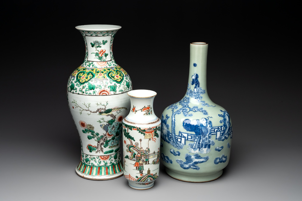 Two Chinese famille verte vases and a blue and white celadon-ground vase, 19th C.