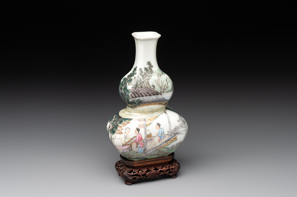 A compressed Chinese famille rose 'silk production' double-gourd vase, Republic