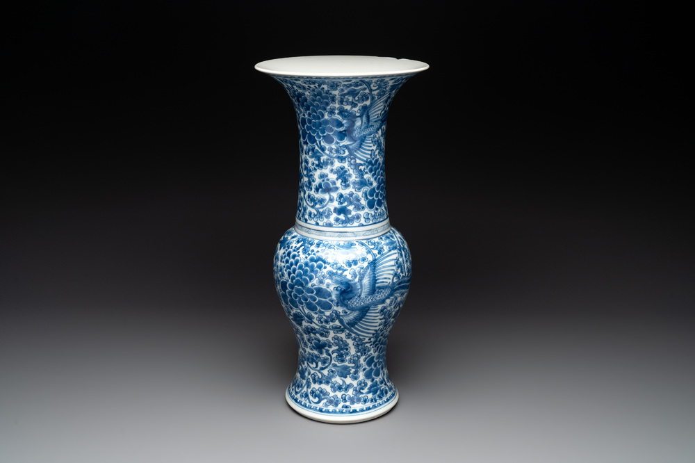 A Chinese blue and white 'peonies and phoenixes' 'yenyen' vase, Kangxi