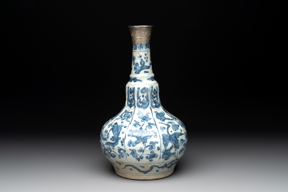 A Chinese blue and white pear-shaped vase with an Islamic market metal mount, Ming