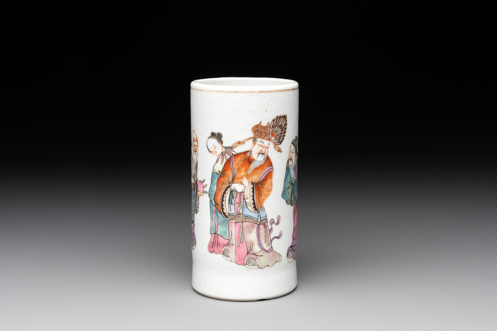 A Chinese famille rose 'Sanxing' brush pot, Tongzhi mark and of the period