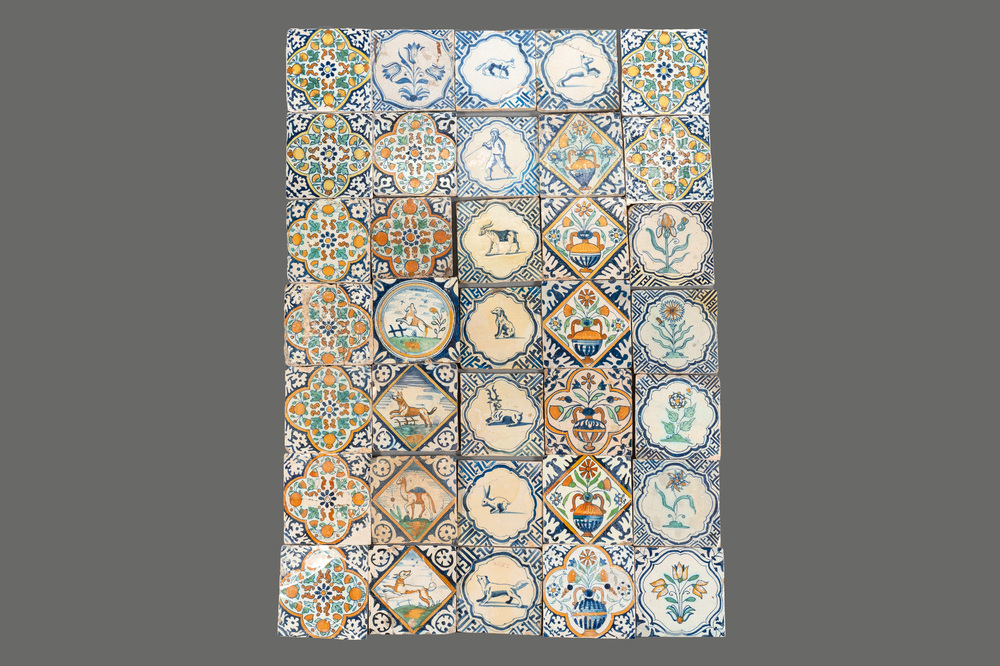 35 polychrome and blue and white Dutch Delft tiles, 16/17th C.