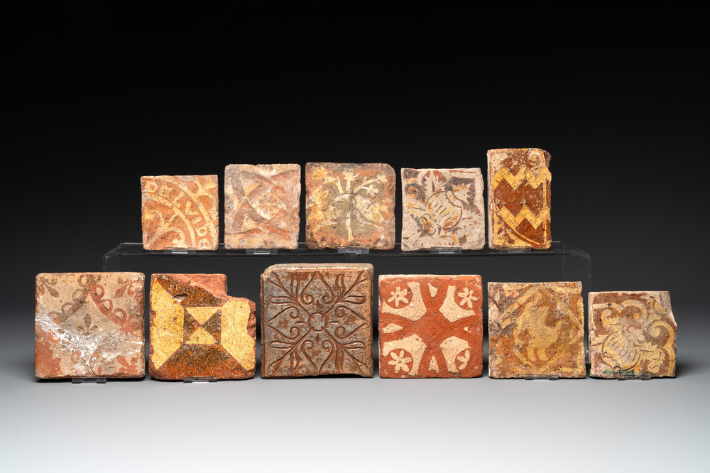 Eleven slip-decorated medieval and post-medieval tiles, France and Flanders, 15/18th C.