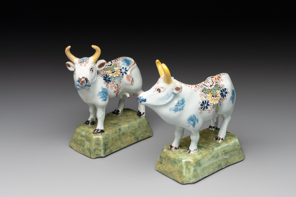 A pair of polychrome Dutch Delft cows, 18th C.