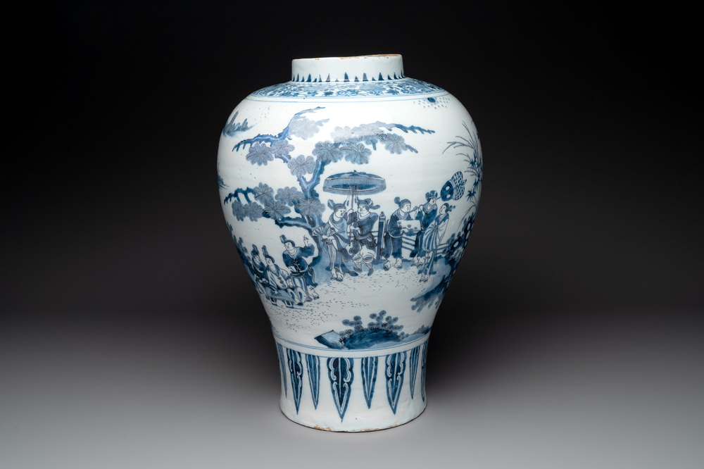 A very large Dutch Delft blue and white chinoiserie baluster vase, last quarter 17th C.