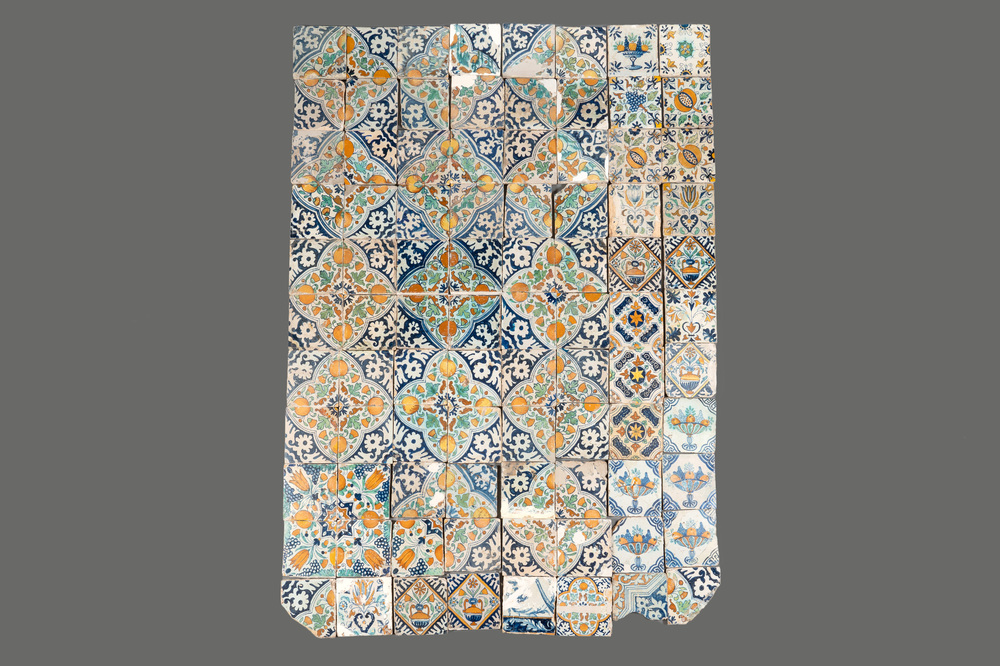 88 polychrome Dutch Delft tiles with floral and ornamental design, 17th C.