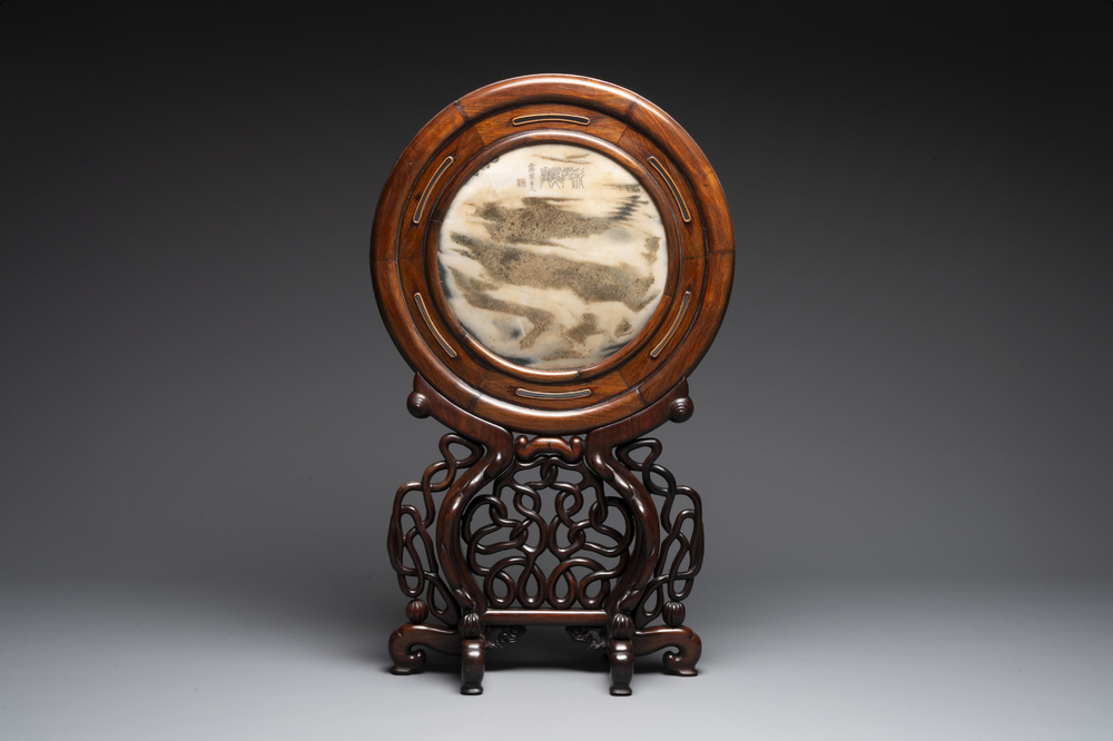 A Chinese 'dream stone' and hardwood table screen, Xia Yuan Zhu Ren 霞園主人 mark, 19/20th C.