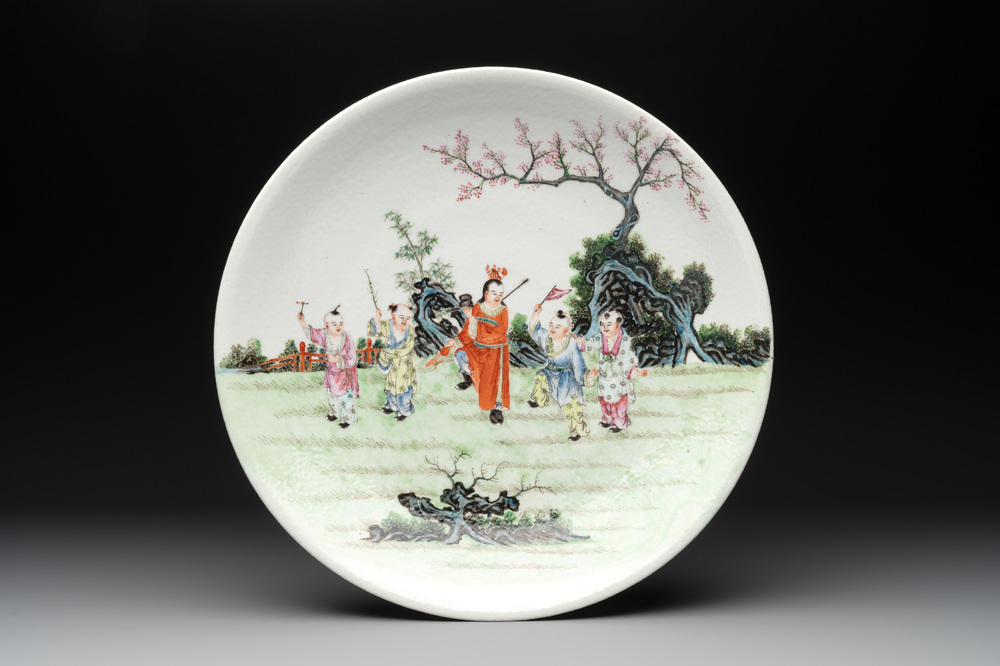 A Chinese famille rose dish with playing boys, Qianlong mark, Republic