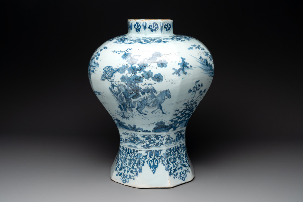 A very large Dutch Delft blue and white chinoiserie baluster vase, second half 17th C.