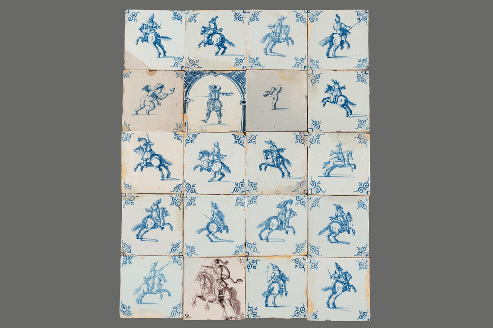 20 manganese, blue and white Dutch Delft tiles with horse riders and putti, 17th C.