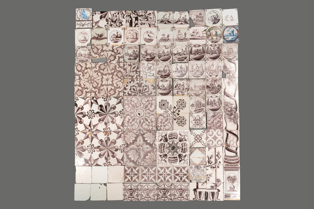 A collection of 110 mainly manganese Dutch Delft tiles, mostly 18th C.