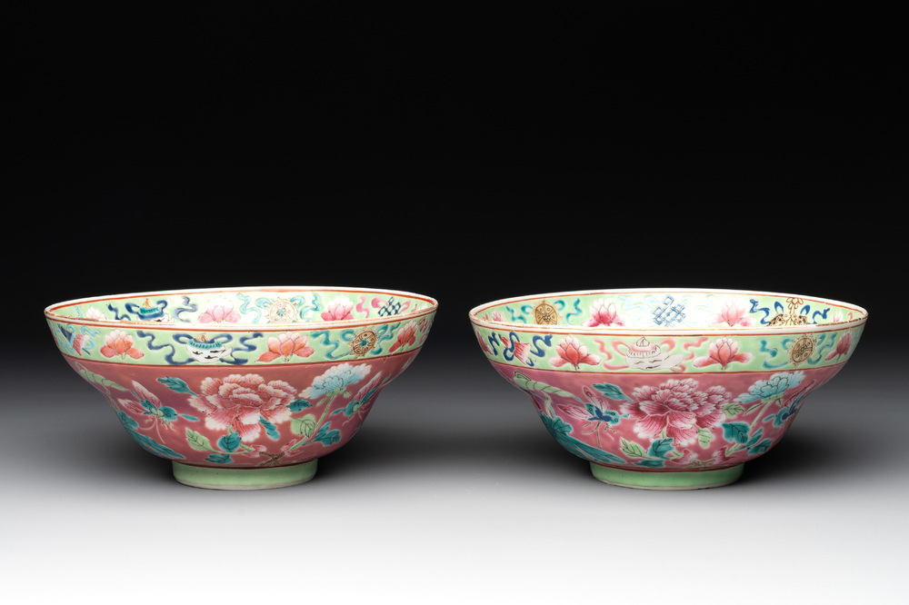 A pair of Chinese famille rose pink-ground bowls for the Straits or Peranakan market, Guangxu mark and of the period