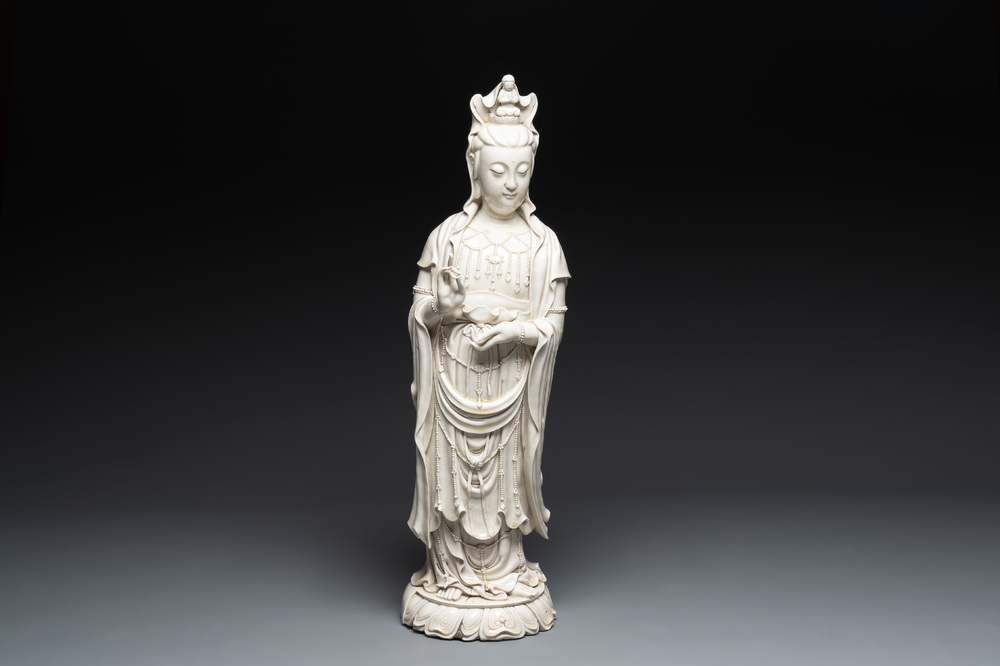 A large Chinese Dehua blanc de Chine Guanyin, He Chaozong and Xuande mark, Republic
