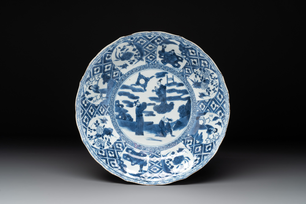 A Chinese blue and white dish with narrative design, Kangxi/Yongzheng
