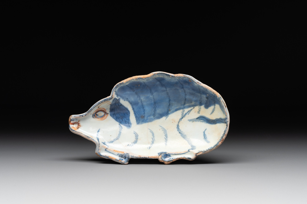 A Chinese blue and white ko-sometsuke dish in the shape of a pig for the Japanese market, Tianqi