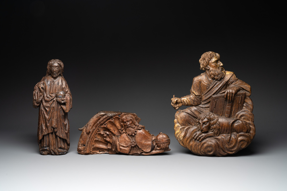 Two carved oak reliefs of Christ and one of Saint Mark, 15/16th C.