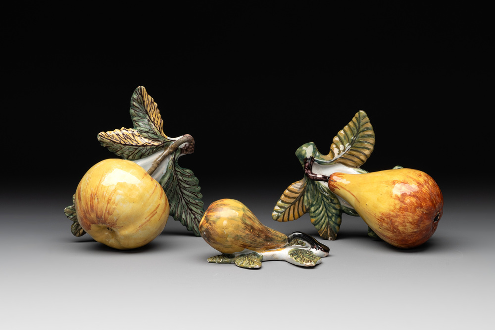 Polychrome Dutch Delft hanging models of an apple and two pears, 18th C.