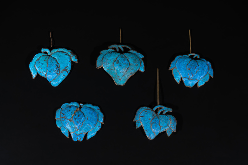 Five Chinese kingfisher feather hairpins, 19th C.