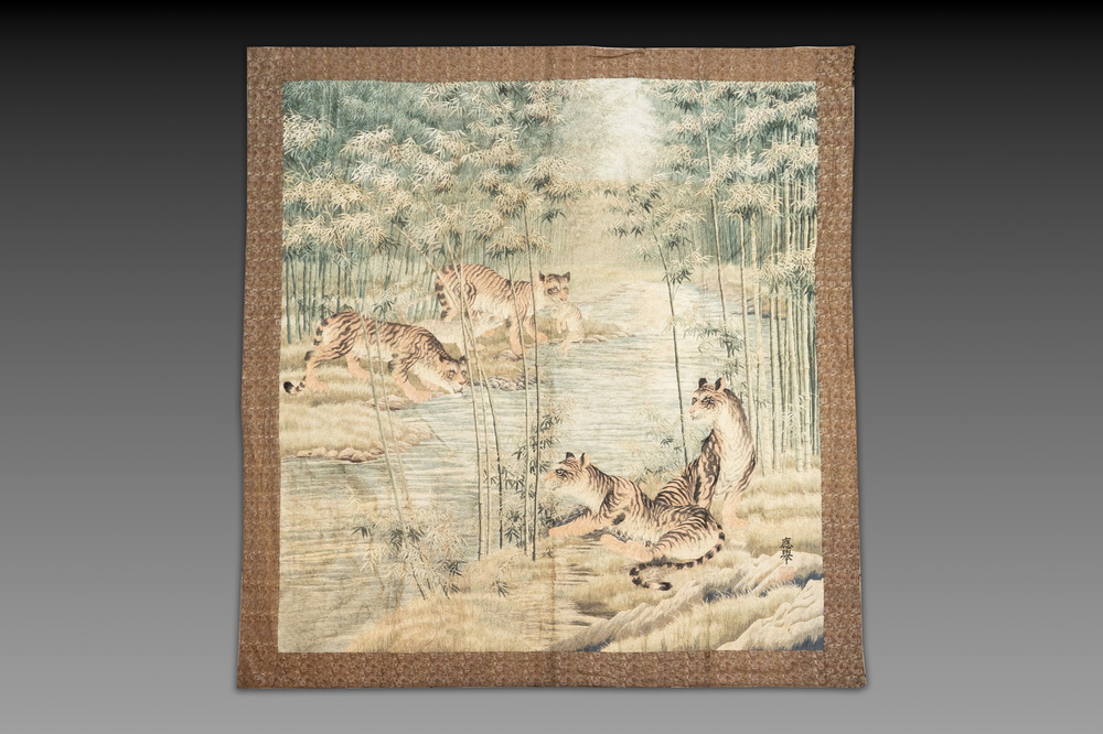 A Japanese embroidered silk with six tigers in the bamboo forest, 應舉 mark, Meiji, 19th C.