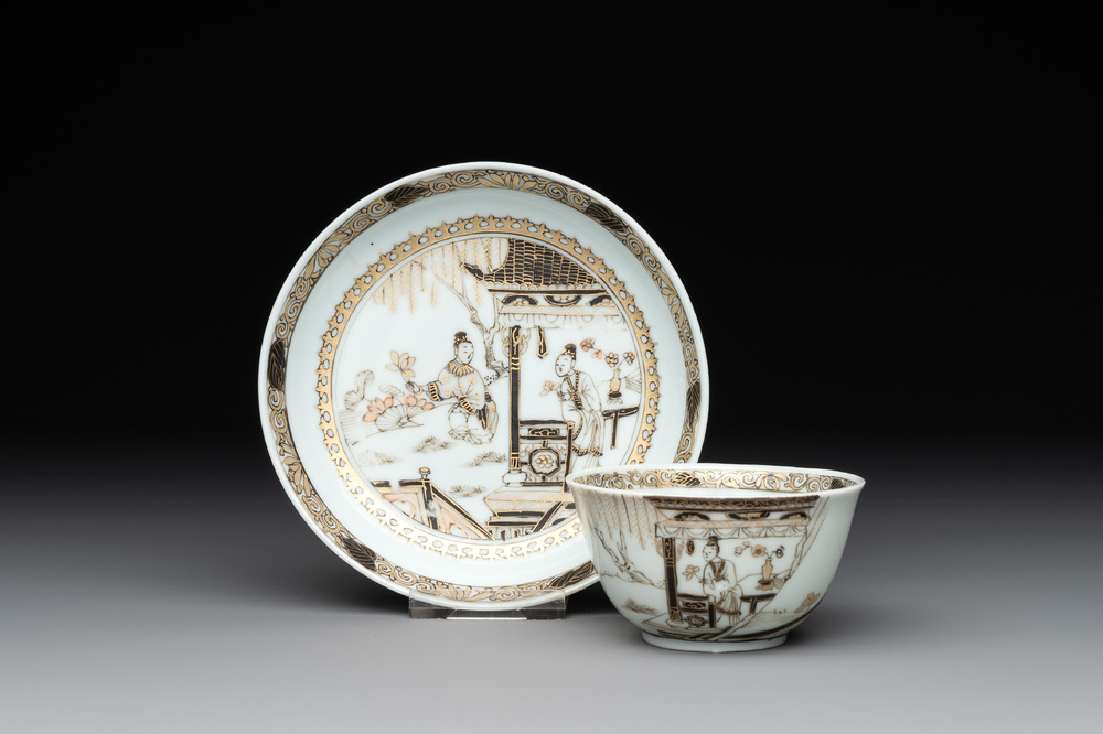 A fine Chinese gilt-decorated grisaille 'Xi Xiang Ji' cup and saucer, Yongzheng
