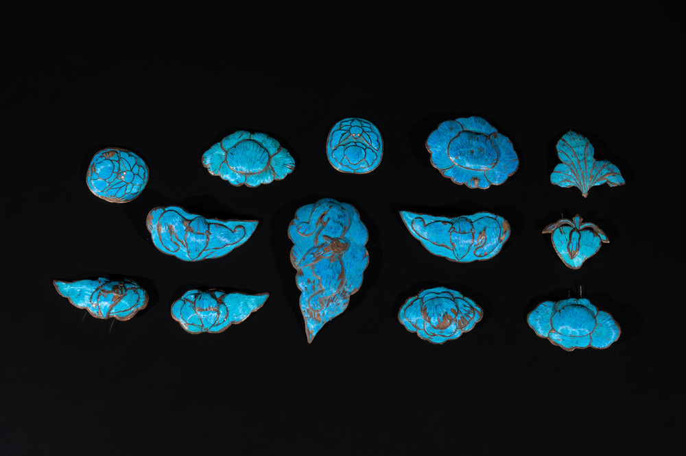 A collection of 13 Chinese kingfisher feather hair ornaments, 19th C.