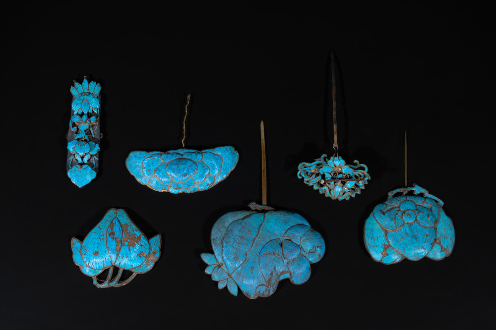 Six Chinese kingfisher feather hairpins, 19th C.