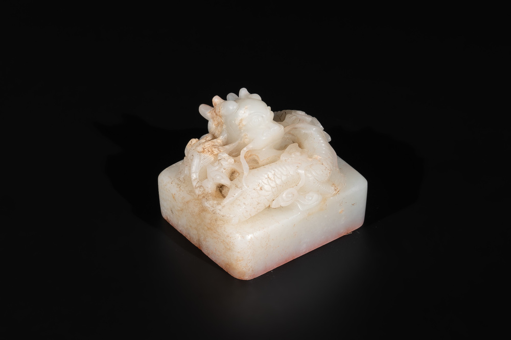 A Chinese white jade 'dragon' seal, Li Shiming 李世民 mark, Qing