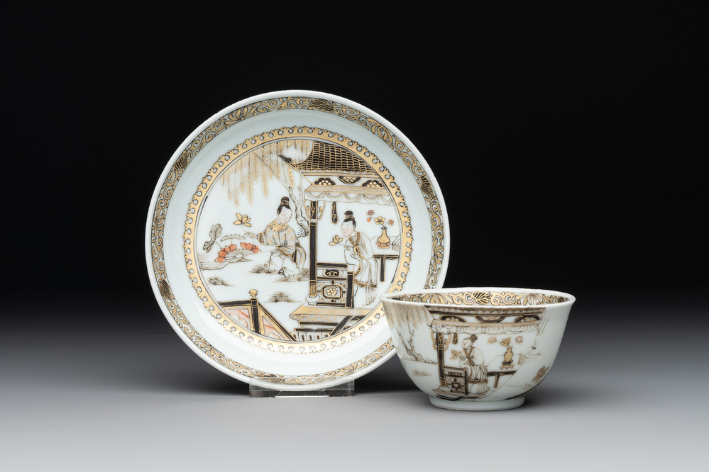 A fine Chinese gilt-decorated grisaille 'Xi Xiang Ji' cup and saucer, Yongzheng