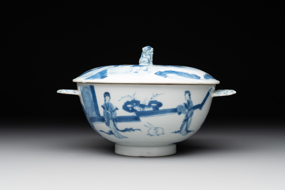 A Chinese blue and white 'Long Elizas and playing boys' covered bowl, Chenghua mark, Kangxi
