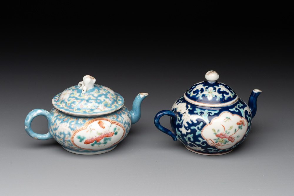 Two Chinese famille rose blue-ground teapots and covers for the Straits or Peranakan market, Tongzhi mark and of the period