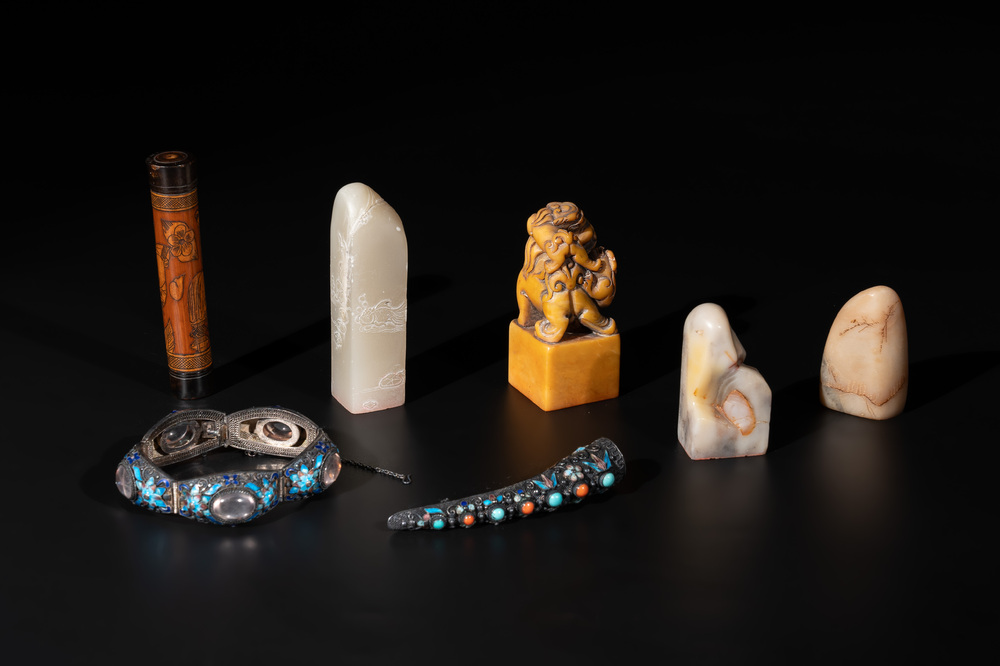 Four Chinese jade seals, a bamboo incense tube and two enamelled silver wares, 19th C.