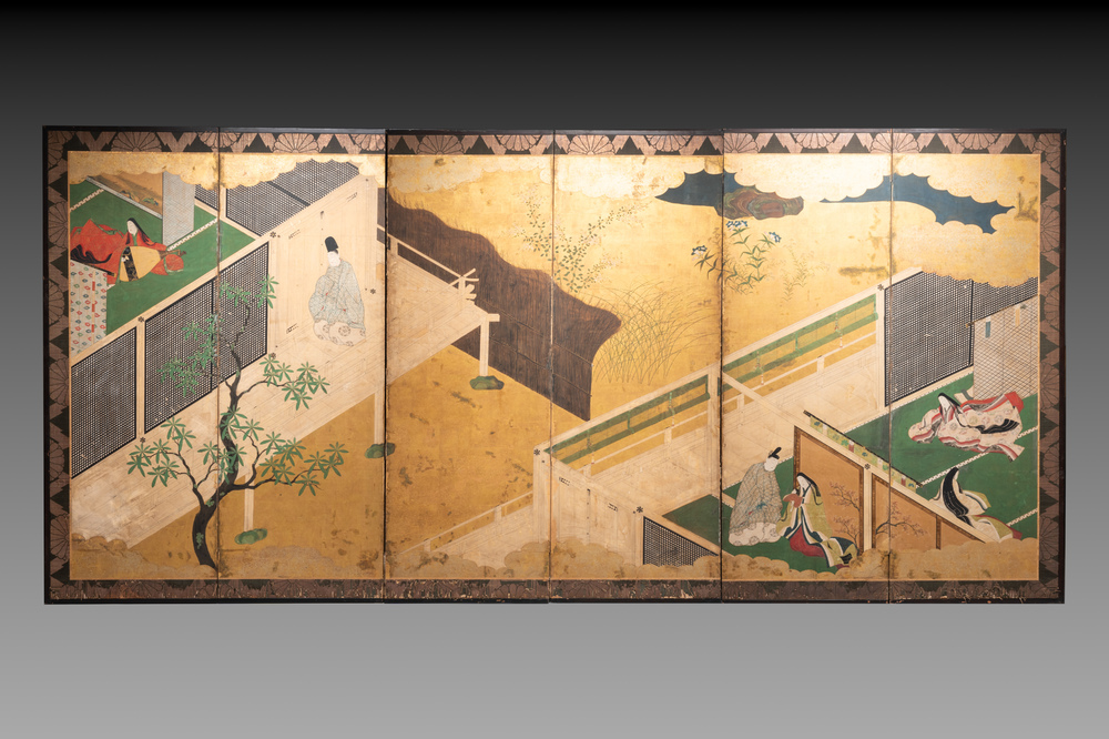 A Japanese six-panel 'byobu' screen: ink, colour and gold leaf on paper, with silk border, Edo, 18th C.