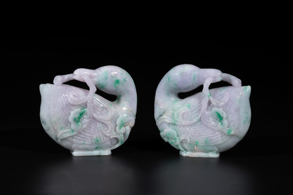 A pair of Chinese lavender- and apple-green jadeite mandarin ducks, Qing