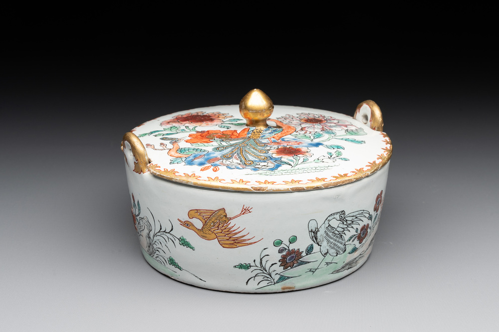 A polychrome Dutch Delft petit feu 'chinoiserie' butter tub and cover, 18th C.