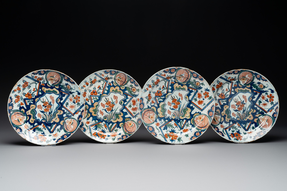 Four polychrome Dutch Delft 'lightning' plates, 18th C.