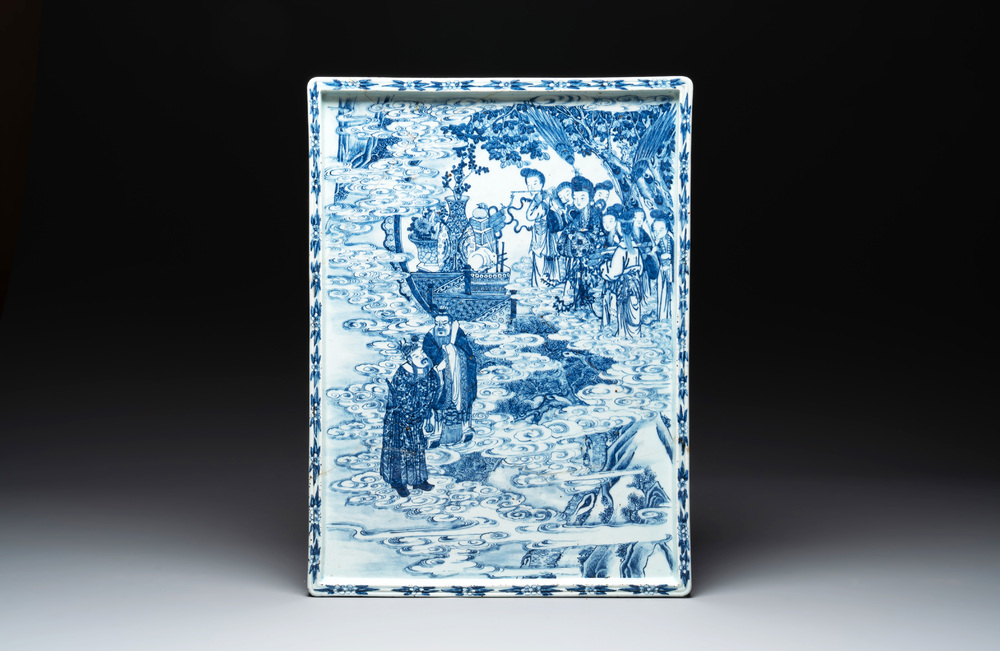 A massive Chinese blue and white rectangular 'Chang'e' tray or plaque, 19th C.