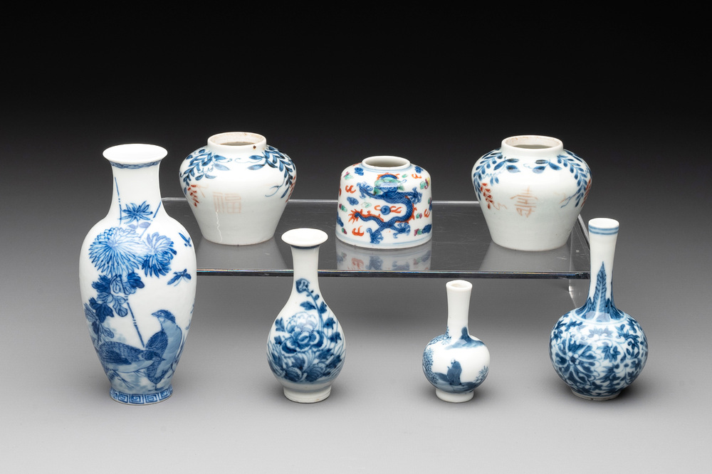 Seven Chinese blue, white and doucai vases, Wanli/Yongzheng/Qianlong mark, 19th C.