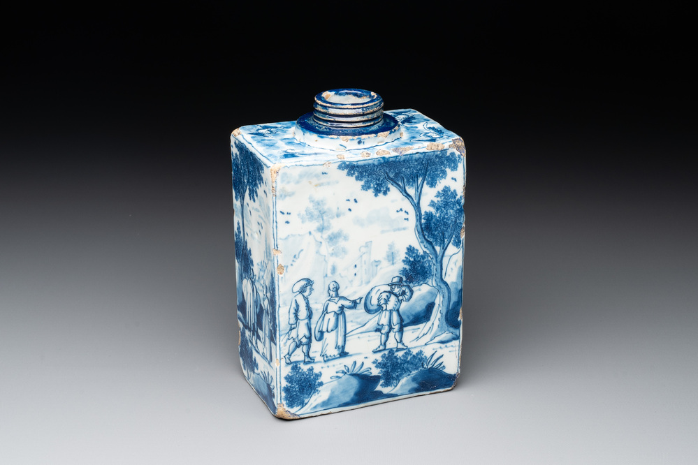 A blue and white Dutch Delft tea caddy with narrative design, early 18th C.
